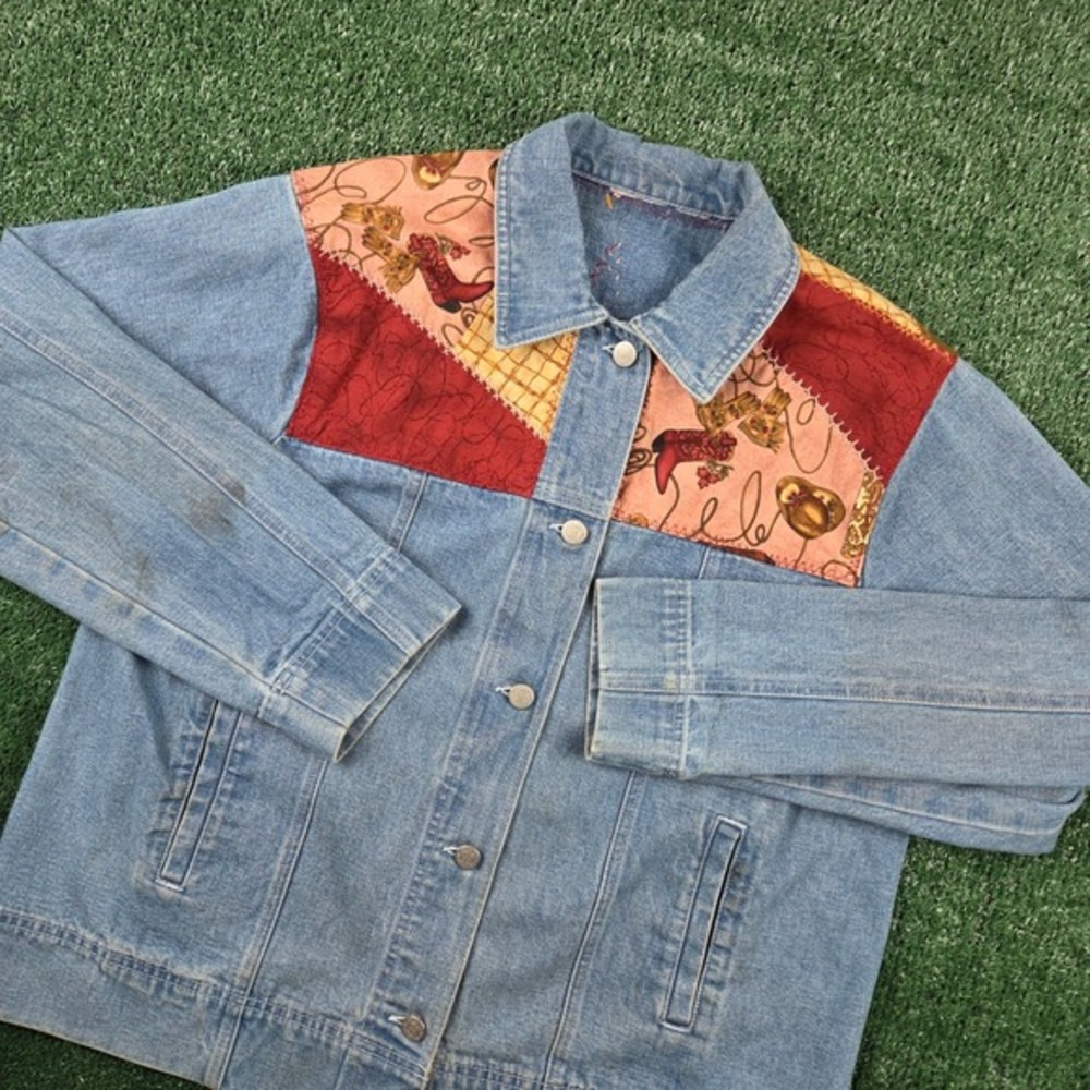 Crossroads Western Patchwork Denim Jacket Blue Medium Wash Cowboy Print Womens